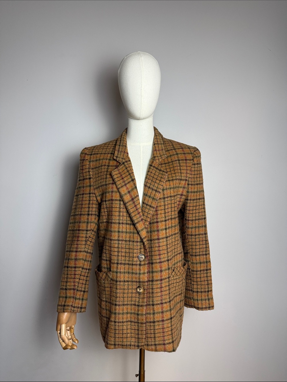 Womens Tan Plaid Single-Breasted Blazer Jacket